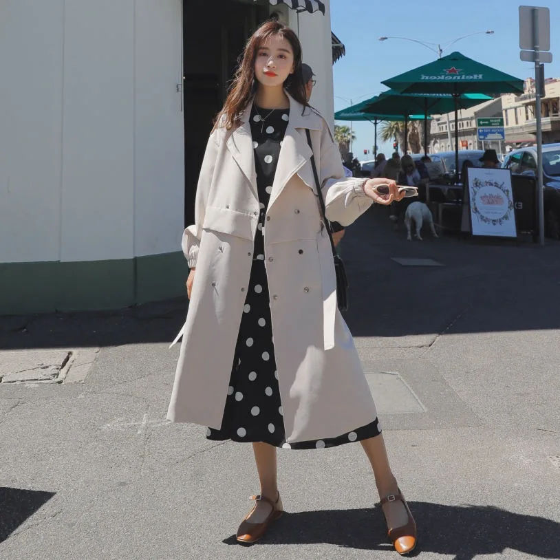 Pruning Feeling Ol Rice Apricot Double Buckling Belt Belt Suit Collared Windbreaker Jacket Women Spring 2019 Long Coat Woman