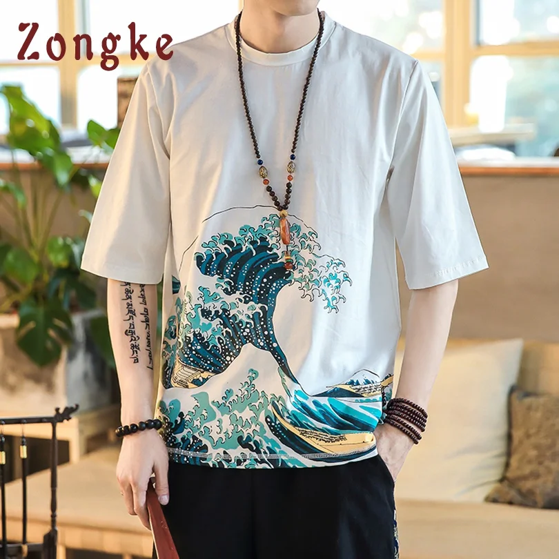 

Zongke Japan Style Wave Print T Shirt Men Fashions Harajuku Streetwear Funny Tshirt Men T Shirt Hip Hop T-Shirt Men Summer 2019