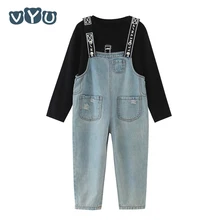 VYU/комплект для девочек, джинсовый комбинезон с лямками для подростков, осень, черная футболка с длинными рукавами+ комбинезон, джинсы, штаны, джинсы для девочек, брюки, комплект из 2 предметов