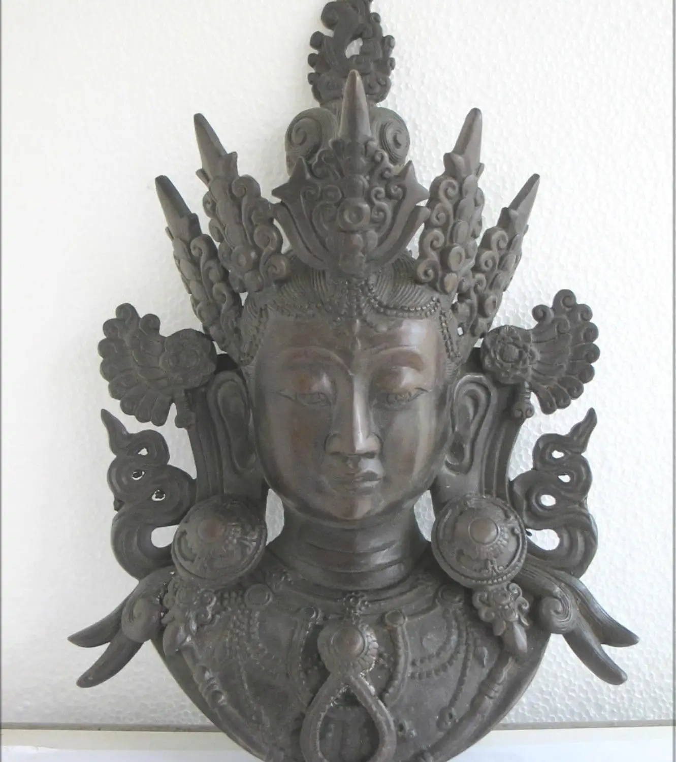 12.5"China Pure Bronze kwan yin tara Buddha face mask head statuein