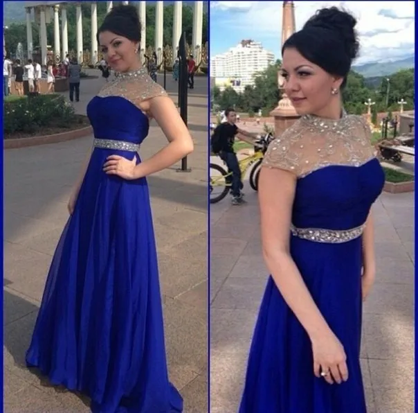 2017 Вечерние Платья Royal Blue-Line Бисера Блесток Cap Рукавом Шифон Этаж Длина Формальные