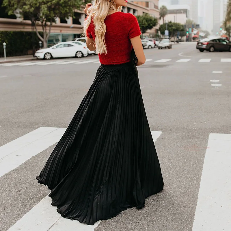 Holiday Style Pleated Women Skirts Ladies Solid Color Elastic High Waist Skirt Autumn Spring Casual Long Maxi Skirt Falda Larga