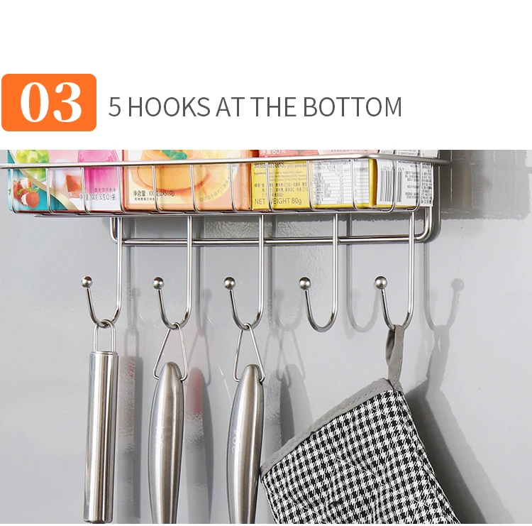 ORZ Fridge Organizer Stainless Steel Kitchen Storage Rack Fridge Side Shelf Storage Hooks Kitchen Accessories Organizer Holder