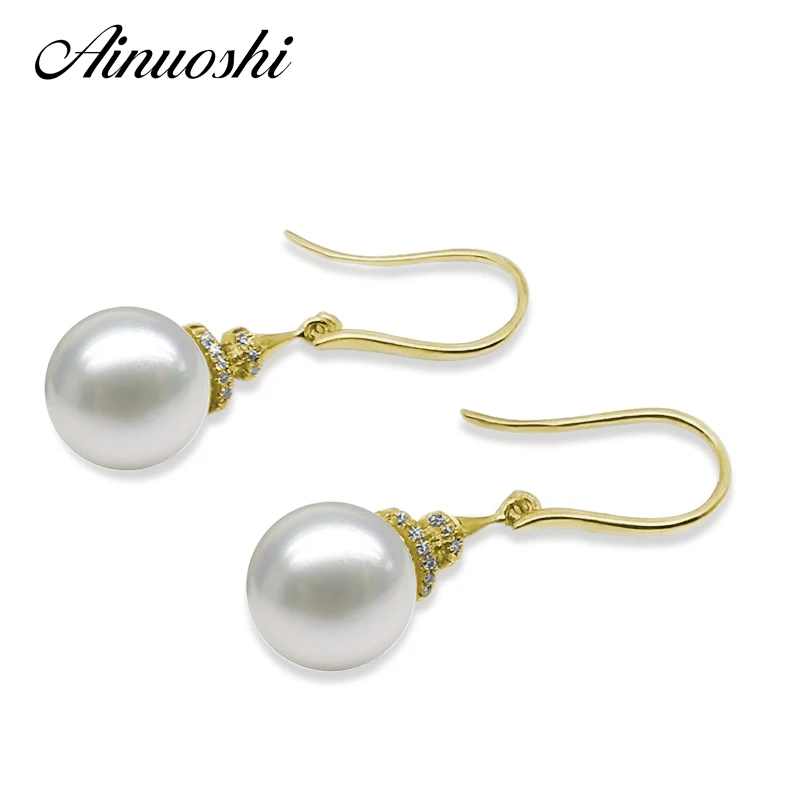 

AINUOSHI Natural Freshwater White 7.5-8mm Pearl SI1-G/H Diamond Drop Earrings 18K Solid Yellow Gold Women Ear Hook Earrings Gift