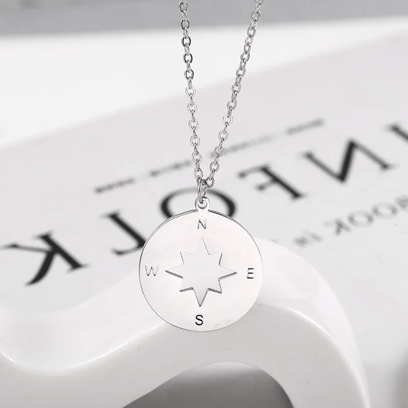 RIR Stainless Steel Compass Necklace Inspirational Wanderlust Jewelry College Graduation Gift For Her Be Brave - Окраска металла: Silver