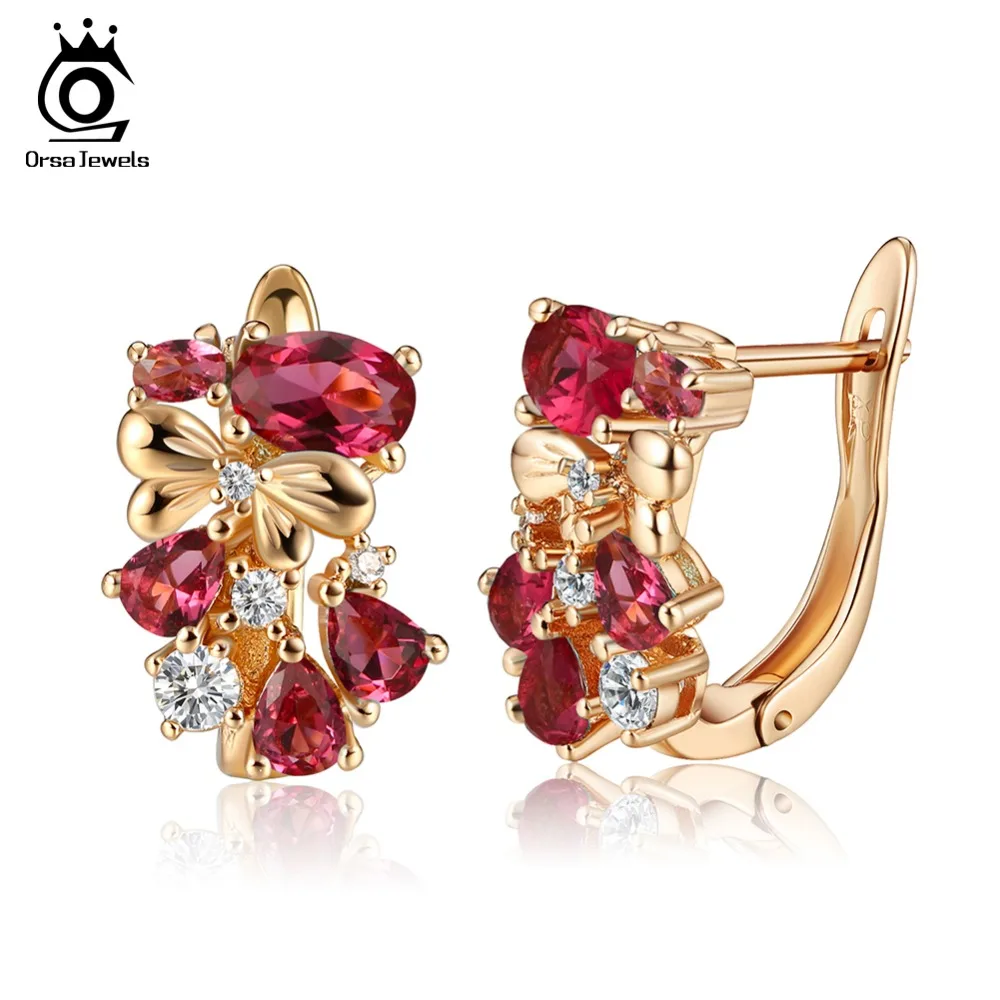 ORSA JEWELS Роскошные серьги золотого цвета Для женщин серьги-гвоздики крапановая закрепка блестящие AAA Красный кубического циркония модные серьги, украшения подарок OME60-R