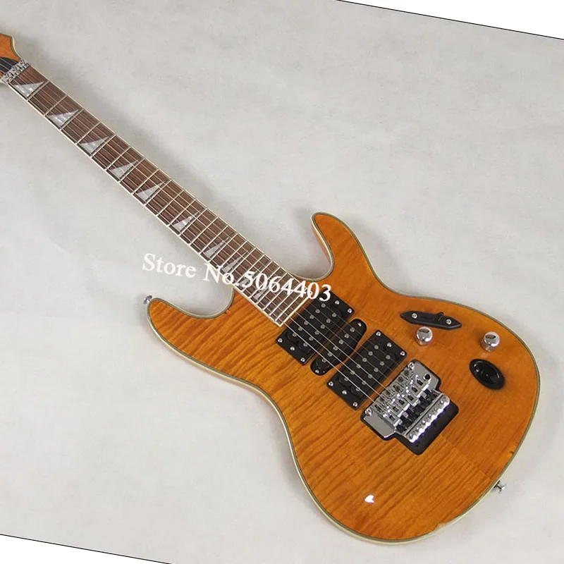 

High-quality double-rocking electric guitar, tiger pattern veneer, yellow paint, rose wood fingerboard, customizable electric gu