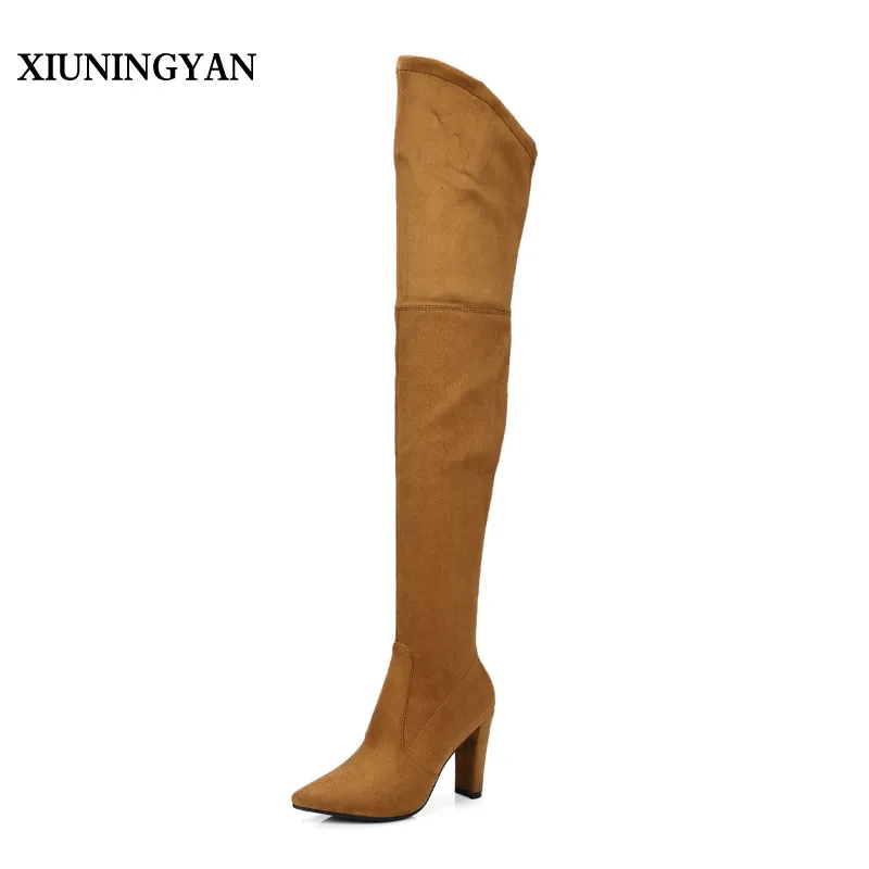 

XIUNINGYAN SIZE 34-43 2018 NEW Fashion Flock Over Knee Boots Women Square High Heels Pointed Toe Shoes Sexy Shoes Boots Winter