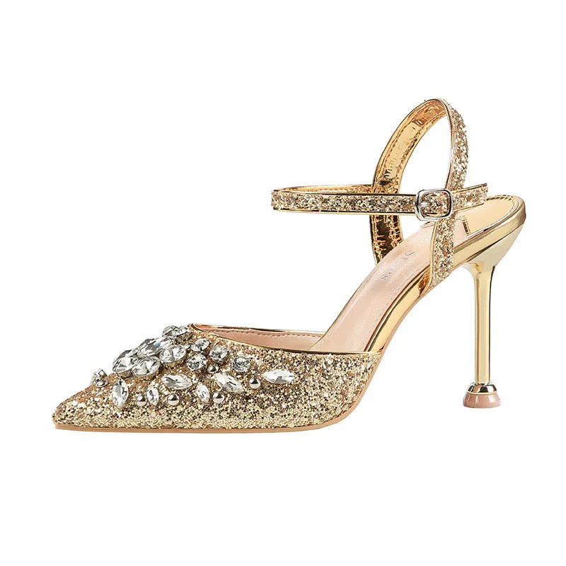 

2019 spring and autumn new sexy shallow mouth sequins stiletto pointed high heel women's shoes gold 0510