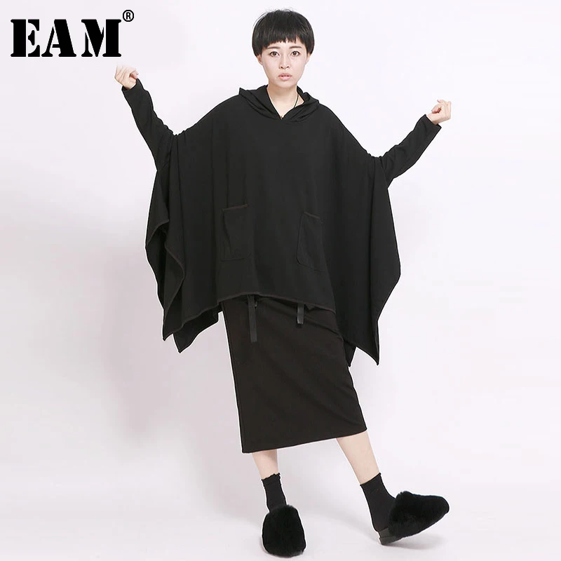 

[EAM] 2019 New Autumn Hooded Long Sleeve Black Large Size Pocket Loose Irregular Sweatshirt Women Fashion Tide JH714