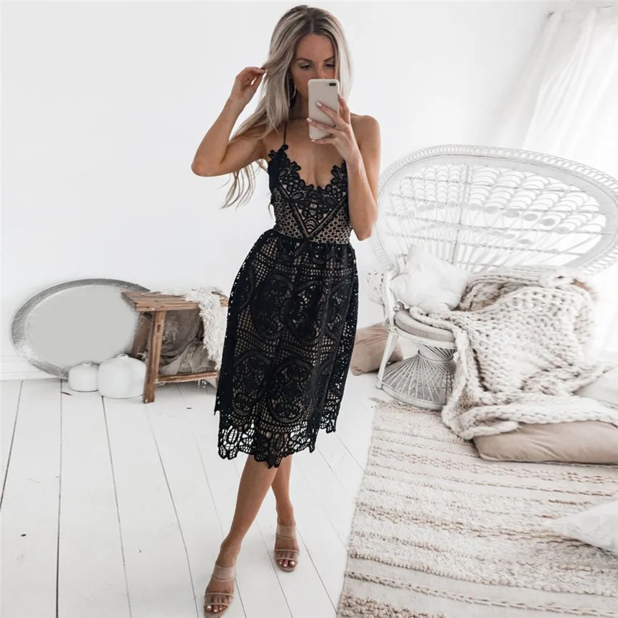 

Womens Sleeveless Formal Prom Party Dress Summer Sexy Lace Backless Dressesl V-neck Beach DressesM18