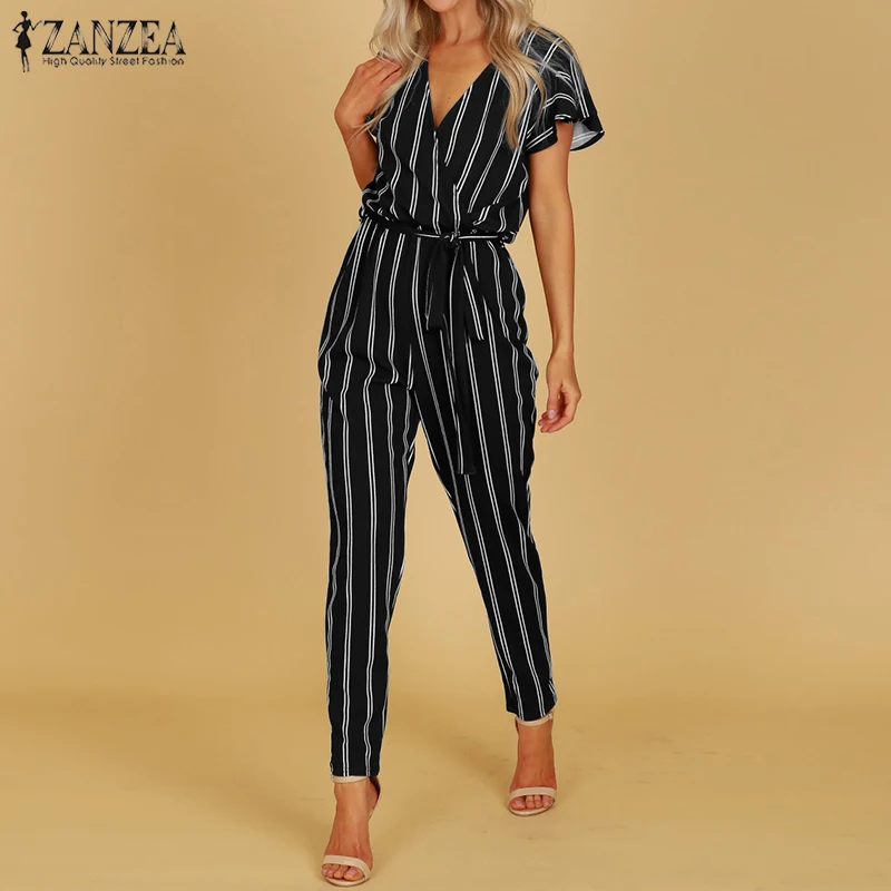 S 5XL ZANZEA 2020 Summer Sexy Deep V Neck Party Jumpsuit Women High Waist Striped Overalls Short Sleeve Long Turnip Bodysuit S 5XL ZANZEA 2020 Summer Sexy Deep V Neck Party Jumpsuit Women High Waist Striped Overalls Short Sleeve Long Turnip Bodysuit