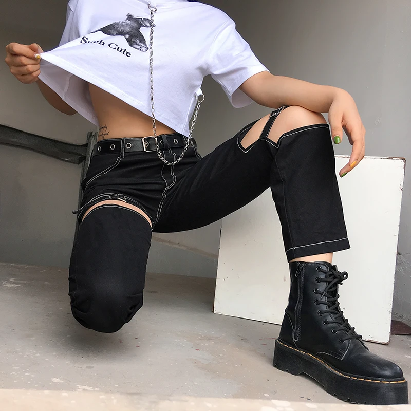 Sweetown Black Hollow Out Punk Style Straight Pants Women Streetwear Pockets Striped Summer Autumn High Waist Trousers Gothic