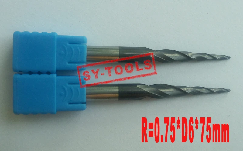 

2PCS R0.75*D6*30.5*75L*2F HRC55 Tungsten solid carbide Coated Tapered Ball Nose End Mills taper and cone endmills