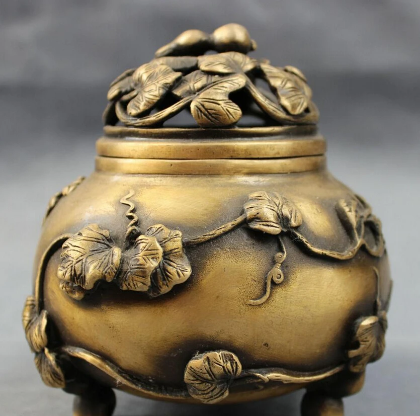 

song voge gem S4415 Folk Chinese Bronze Wealth Gourd Leaf Statue Buddhism Box Incense Burner Censer