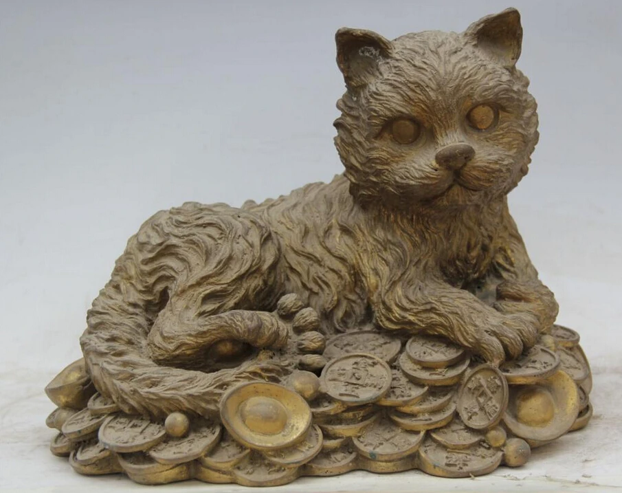 

150610 S1714 12" Old Rare Chinese Brass Wealth Money Pet Fortune Frizzle Cat Statue sculpture discount 30% (C0324)