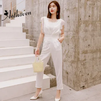 

2020 Summer Patchwork Lace Jumpsuits Rompers Women Sleeveless Long Pants Office Lady for Women White Sheath Party Club Jumpsuit