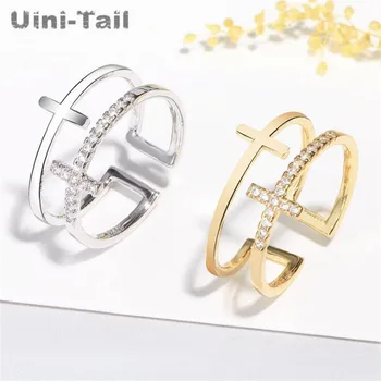 

Uini-Tail 2019 new 925 sterling silver hipster double layer cross micro-inset opening ring fashion tide flow high quality ED365