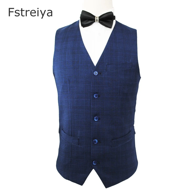 Customized men suit blue plaid groom suits tailored slim fit wedding suit with pants costume homme 3 pieces (jacket+pants+vest)