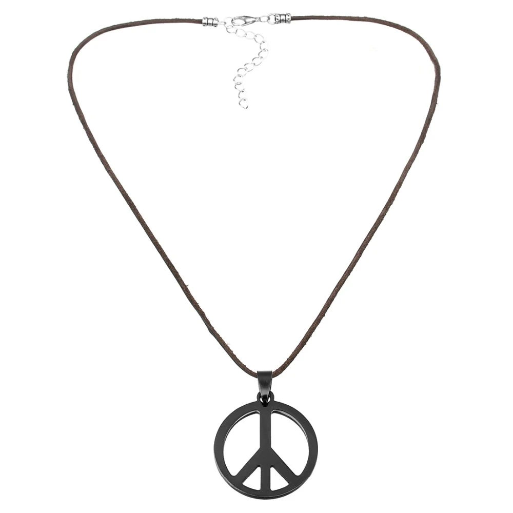 Sauvoo 中空アウトステンレス鋼黒ピースサインペンダントネックレス女性メンズブラウン本革ネックレスヒッピージュエリー Pendant Necklaces Aliexpress