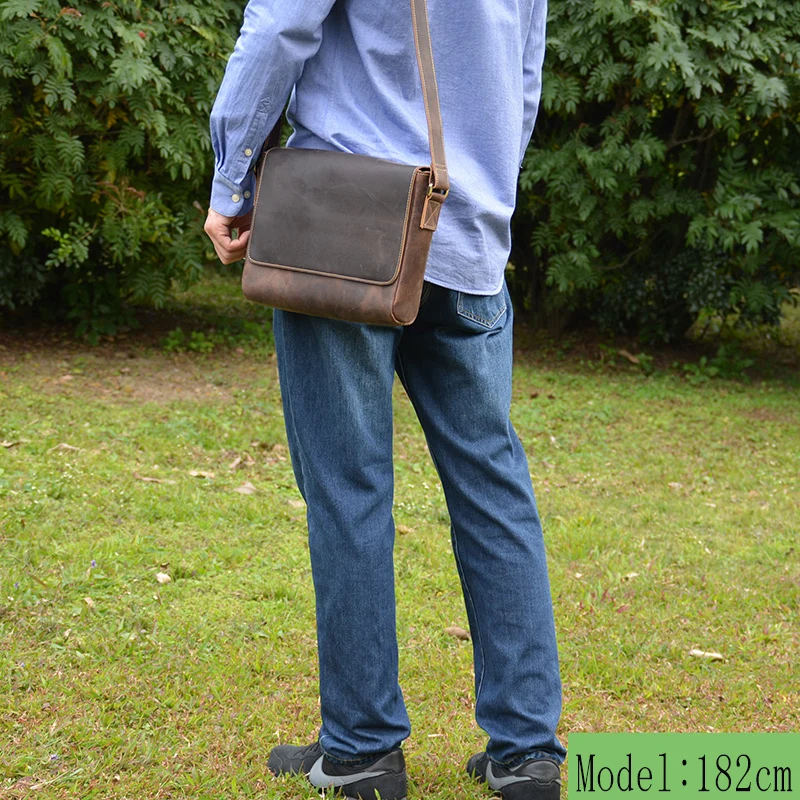 

Vintage Crazy horse leather shoulder bag Brown men's thick leather messenger bag for go out or go to work Cowhide school bag