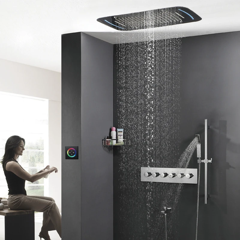 Bathroom Shower Set Thermostatic Mixer Shower Faucets LED Ceiling Rainfall Showerhead Misty Rain Shower Waterfall With Slide Bar