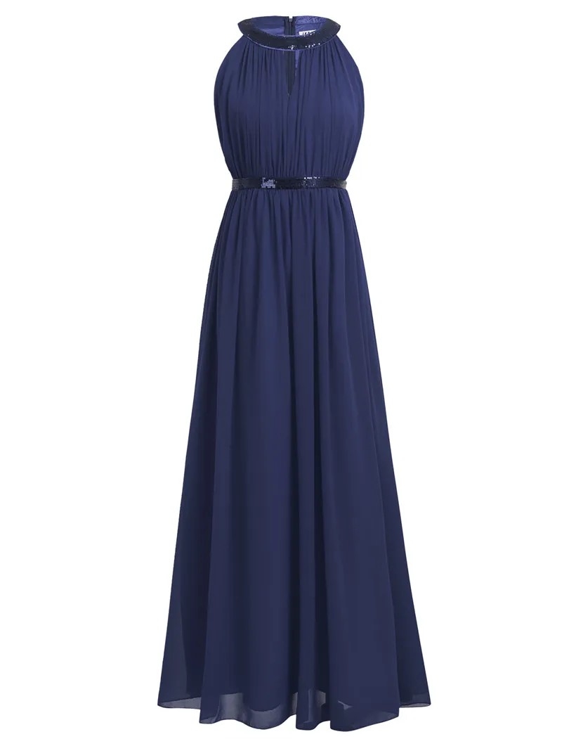 Navy Blue Коллекция года. Стильное женское шифоновое длинное платье подружки невесты для взрослых. Женское длинное выпускное платье с лямкой на шее. Кружевное платье принцессы - Цвет: Navy Blue