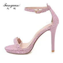 Fanyuan/летние женские ультравысокий каблук Bling Ремешок на щиколотке Для женщин сандалии открытый носок женские на платформе Обувь Свадебные туфли золотистого цвета