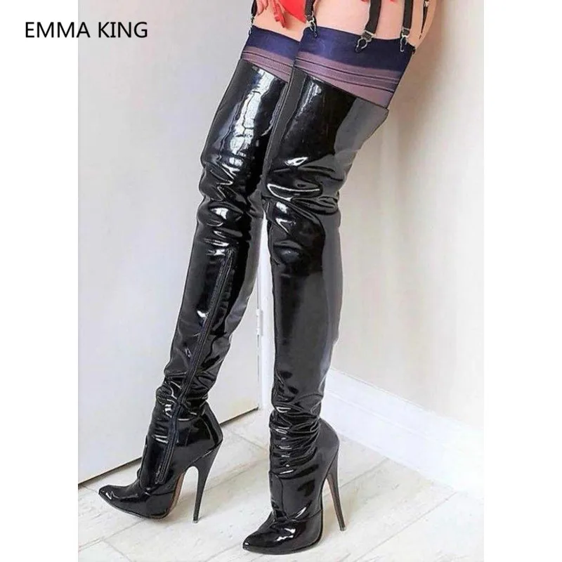 

2019 New Black Patent Leather Women Over The Knee Boots Pointed Toe Sexy 12cm Thin High Heels Shoes Woman Thigh High Crotch Boot