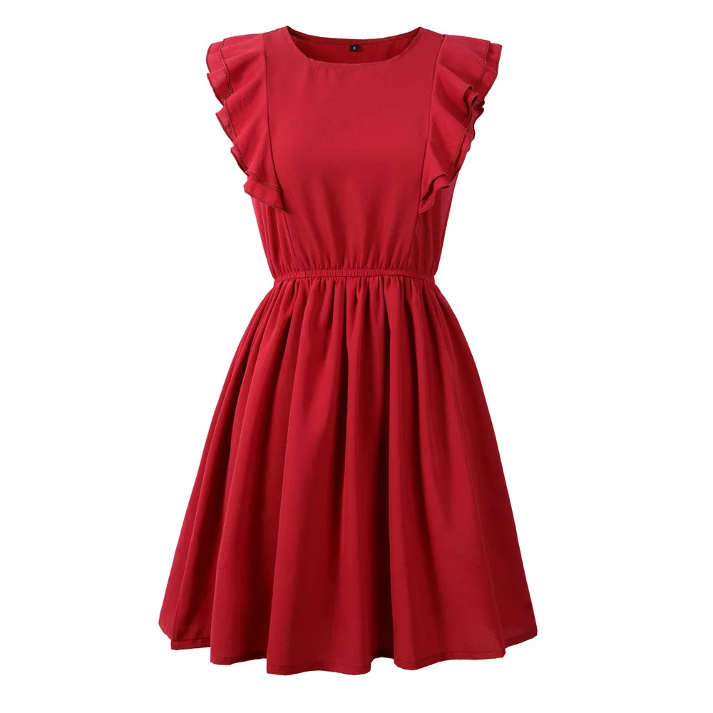 

Summer Women's Clothing Spring New Ladies Chiffon Dress 2019 Fashion Casual O Neck Ruffled Sleeveless Solid Color Mini Dresses