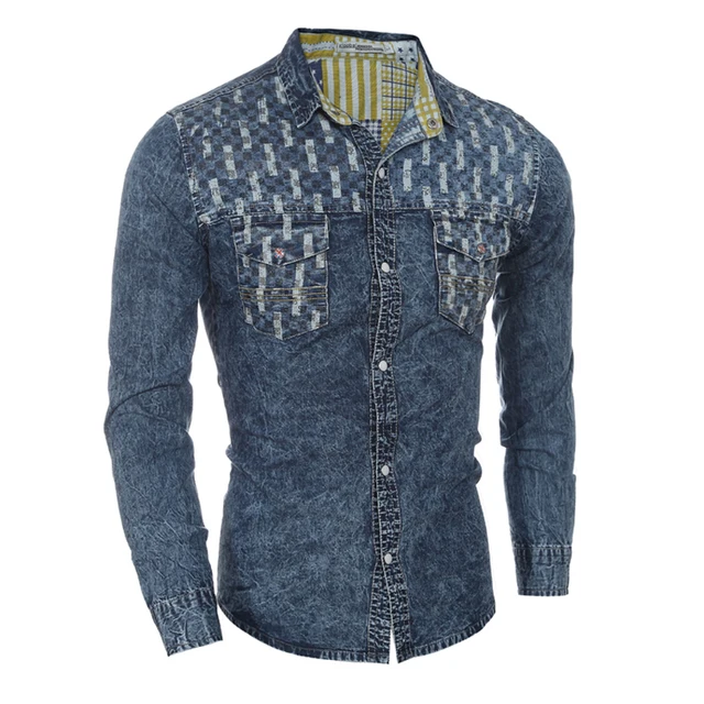 New Design Men Denim Shirt Two Pockets Washed Long Sleeve Casual Slim