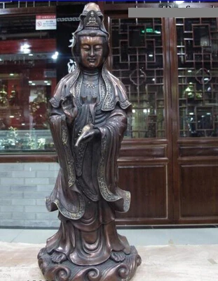 

RHS0260 Red Copper Bronze South China Sea Bodhisattva Kwan Yin GuanYin Hold Vase Statue