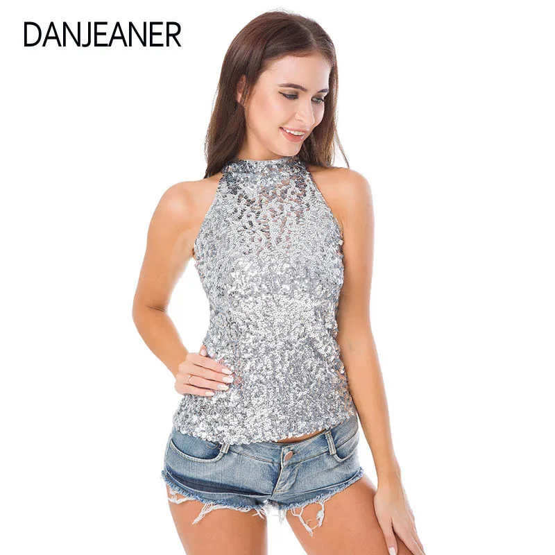 

DANJENAER Sexy Off Shoulder Sequined Vest Woman Summer Stage Wear Shinning Tops Nightclub Sleeveless Short Tops T Shirt
