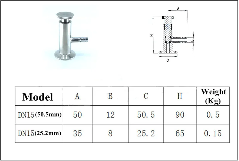 1/" Санитарно 304 нержавеющая сталь 50,5 мм OD Tri-Clamp клапан отбора проб PTFE уплотнение