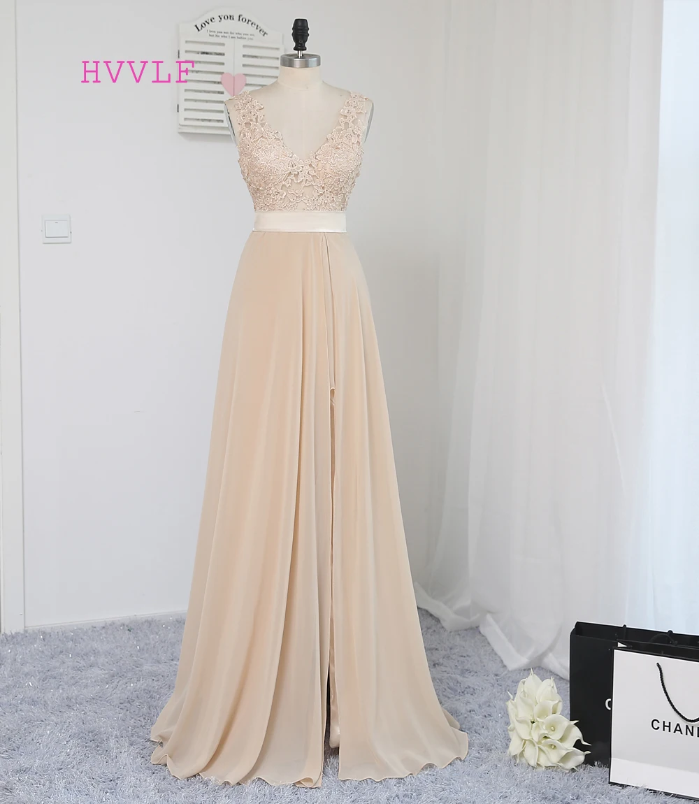 

HVVLF Champagne 2019 Prom Dresses A-line V-neck Chiffon Lace Slit Sexy Backless Long Prom Gown Evening Dresses Evening Gown