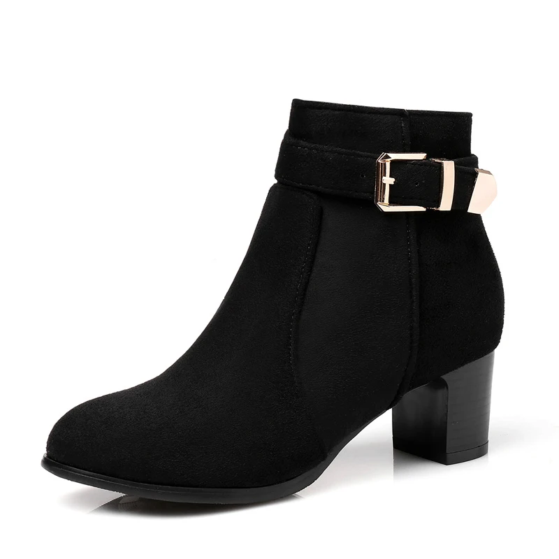 

2018 Plus Size 45 Women 5cm Block Heels Ankle Boots Winter Heels Zip Martin Boots Short Plush Warm Boots Lady Buckle Suede Shoes