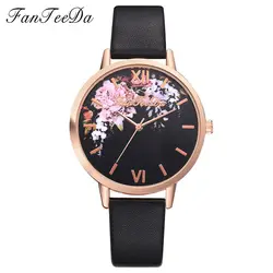 Fanteeda бренд цветок часы из розового золота Wtach кожа кварцевые Для женщин Наручные часы Для женщин модные роскошные дамы летнее платье часы