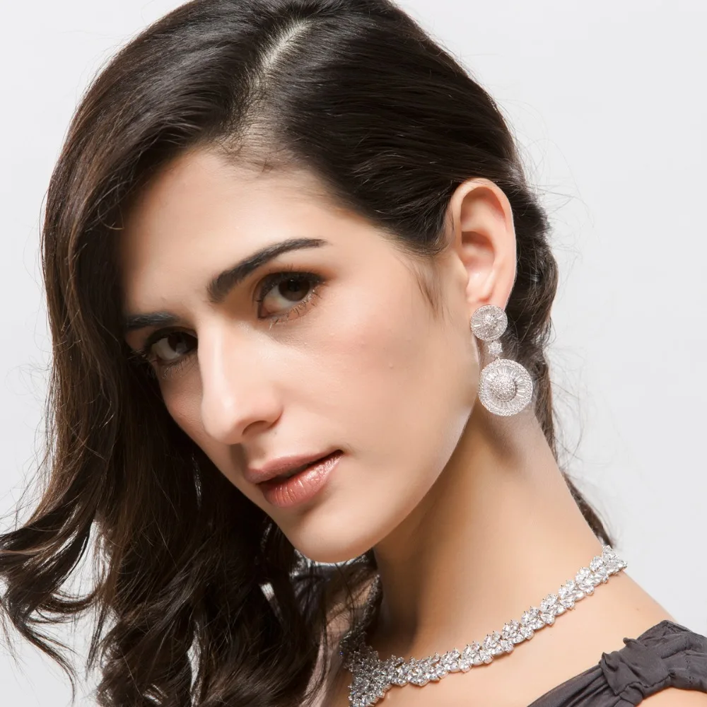 LUOTEEMI New Luxury Noble Dangle Shining CZ Crystal Double Round Brincos Statement Drop Earrings for Women Wedding Jewelry