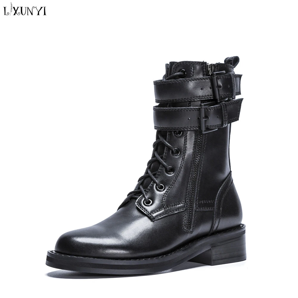 

LXUNYI Autumn Winter Genuine Leather Motorcyle Boots Women Casual Buckle High Quality Ankle Length Martin Boots Zipper Lace up