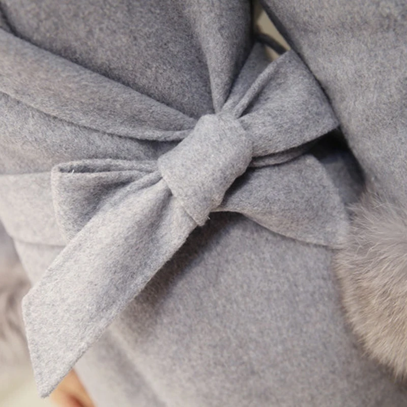 Элегантное женское зимнее шерстяное пальто большого размера из смешанной шерсти корейское тонкое длинное шерстяное пальто с искусственным лисьим мехом и рукавами регулируемый пояс
