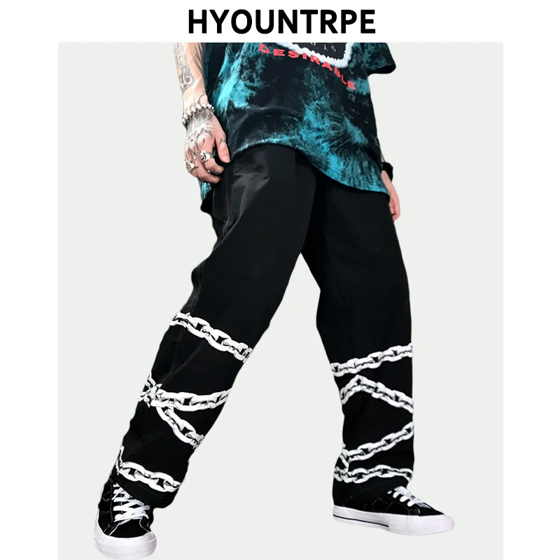 

Fashion Bottom Chain Printed Pants Men Hip Hop Straight Pant New Casual Drawstring Loose Fit Pants Swag High Streetwear Trousers