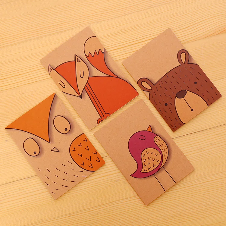 

4pcs/lot Animal Vintage 64K Kraft Paper Notebook Notepad Blank Page Mini Pocket Writing Pads Notebook Gift