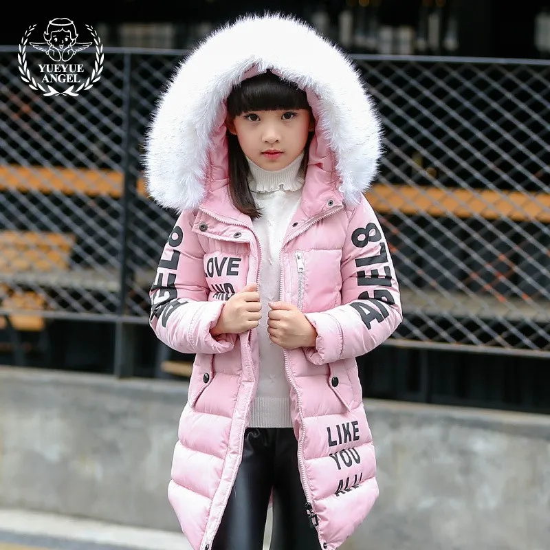 

Girls Winter Faux Fur Collar Hoody Thicken Warm Parka Kids Letters Printed Padded Jacket Windbreaker School Kids Outerwear Coat