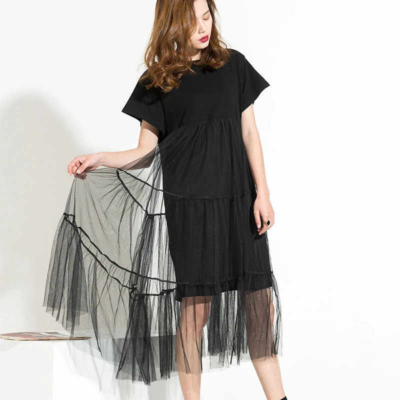 [EAM] autumn Trend New Large Size Long Big Size Net Yarn Spliced Black O-neck Short Sleeve Sexy mesh Dress Woman 5XL 3361