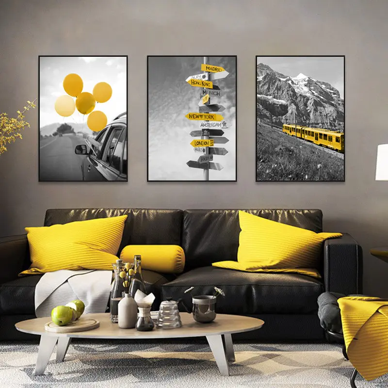 Черно-белый пейзаж плакаты и печать Скандинавская Картина на холсте домашний Декор стены искусства Желтый стиль картина Современная гостиная - Цвет: 3Pcs