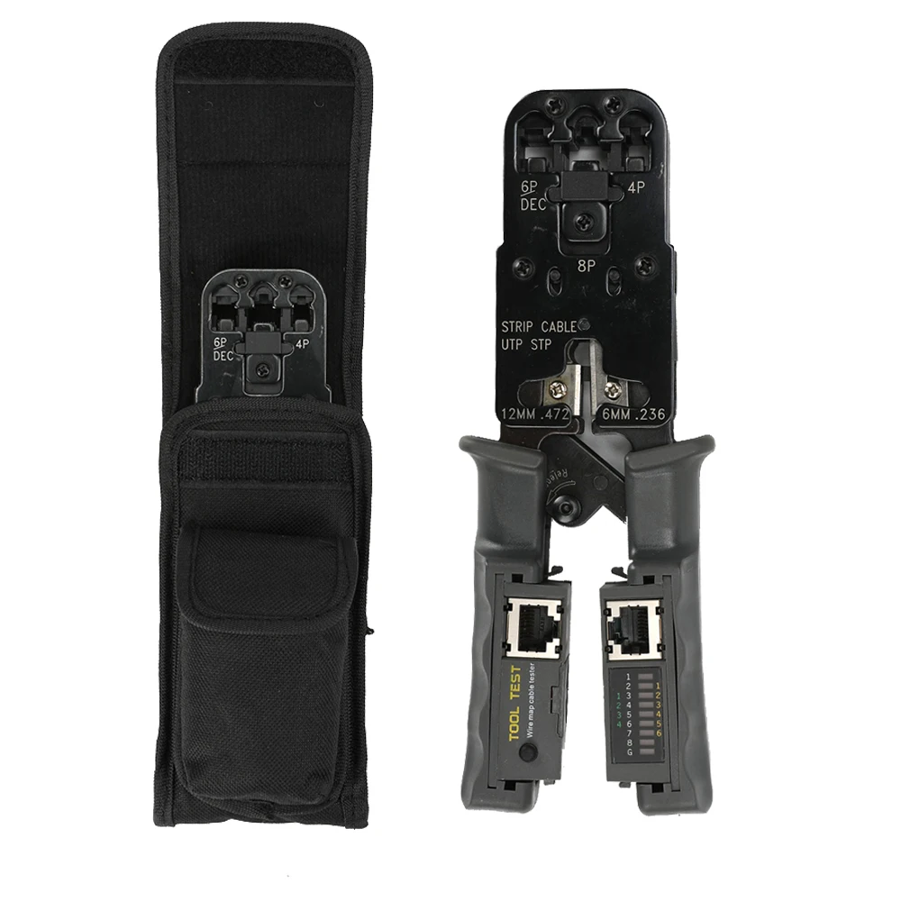 

RJ45, RJ22, RJ11, 4P 6P 8P, CAT5e, CAT6, CAT6A Modular Crimper Cutter Stripper W/ RJ45 Tester For Network LAN Repair