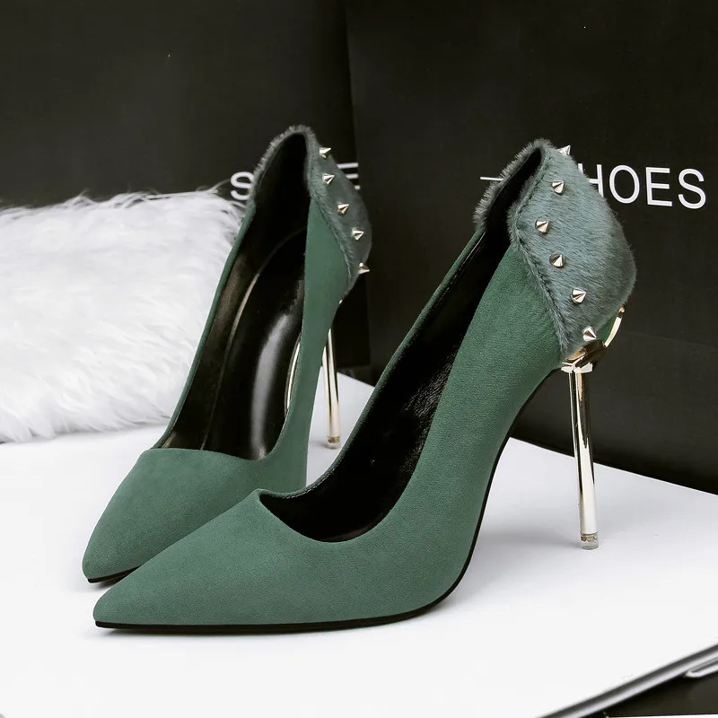 

Women Pumps Shoes Flock Rivet Pointed Horse Hair Toe Slip-On 10cm Thin High Heels Shallow Solid Party Lady Wedding Female Shoes
