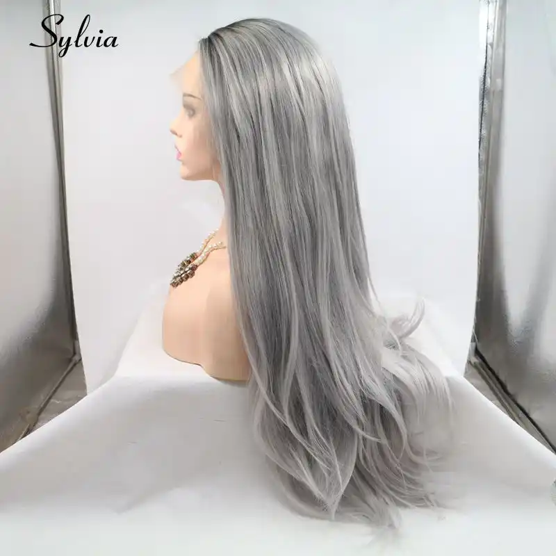 Sylvia Long Natural Straight Wigs Black To Dark Grey Ombre