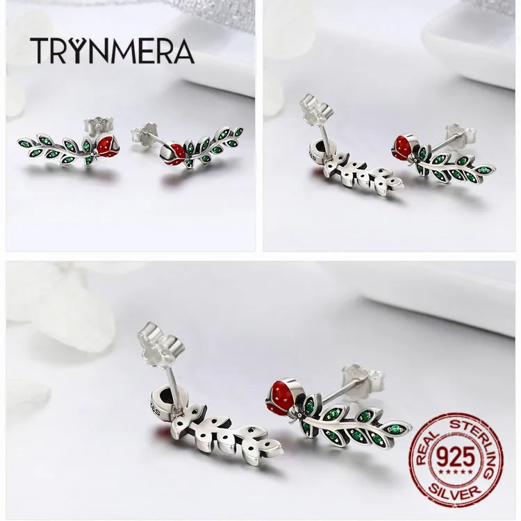 Trynmera,, 925 пробы, серебряные, насекомые, Красная божья коровка, в форме листьев дерева, серьги, ювелирное изделие для женщин, прекрасные серьги, ювелирное изделие te056