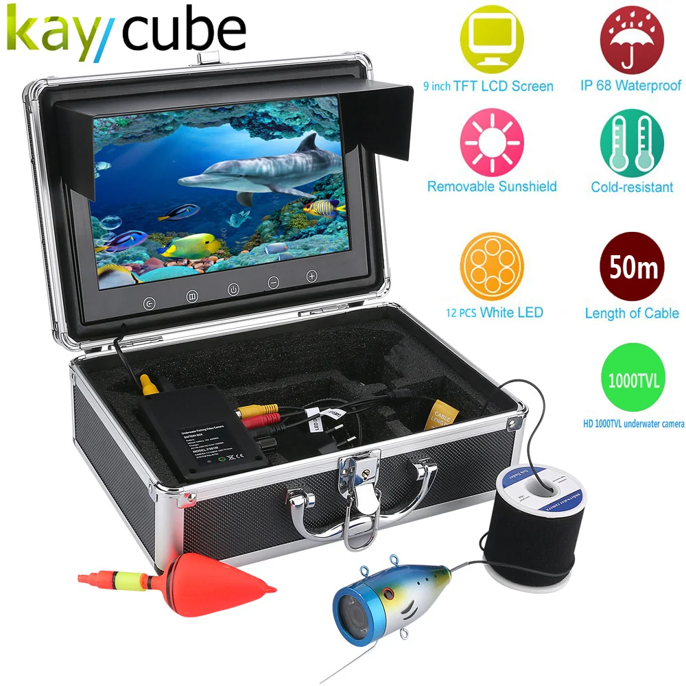 

Kaycube 9" Inch Color Monitor 50M 1000tvl Underwater Fishing Video Camera Kit 12 PCS LED Lights Ocean/Ice/Lake Fishing diving